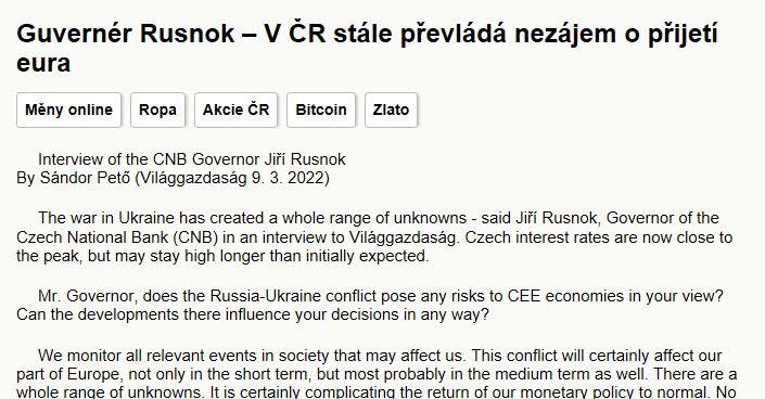 Guvern&eacute;r Rusnok &ndash; V ČR st&aacute;le převl&aacute;d&aacute; nez&aacute;jem o přijet&iacute; eura